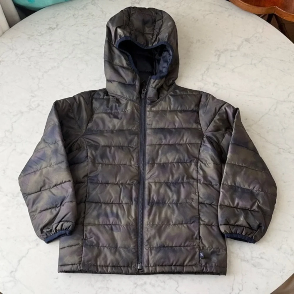 Gap Kids Boys Green Camo Hooded Puffer Jacket Lightweight Size Small
